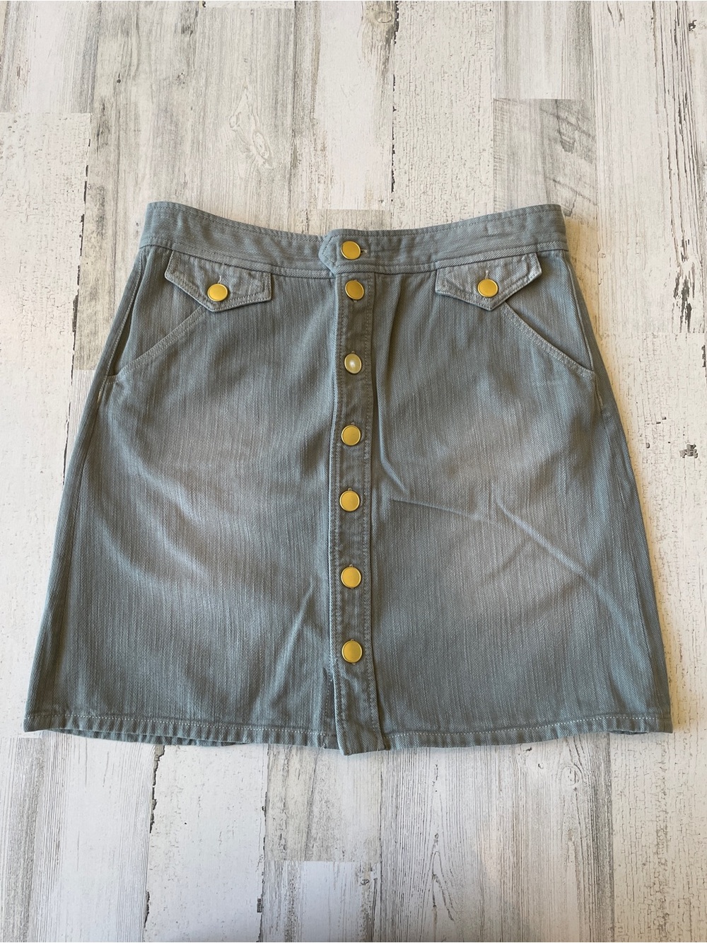 Isabel Marant Greenish Gray Washed Denim Button-Front Mini Skirt SZ EU 44 EUC